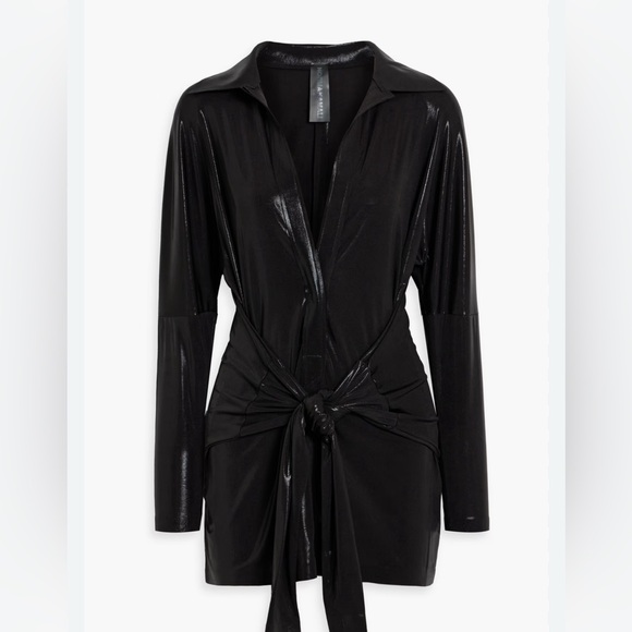 Norma Kamali NWT Plunging Neckline wet look feel Black Mini Dress size XS - Picture 1 of 6